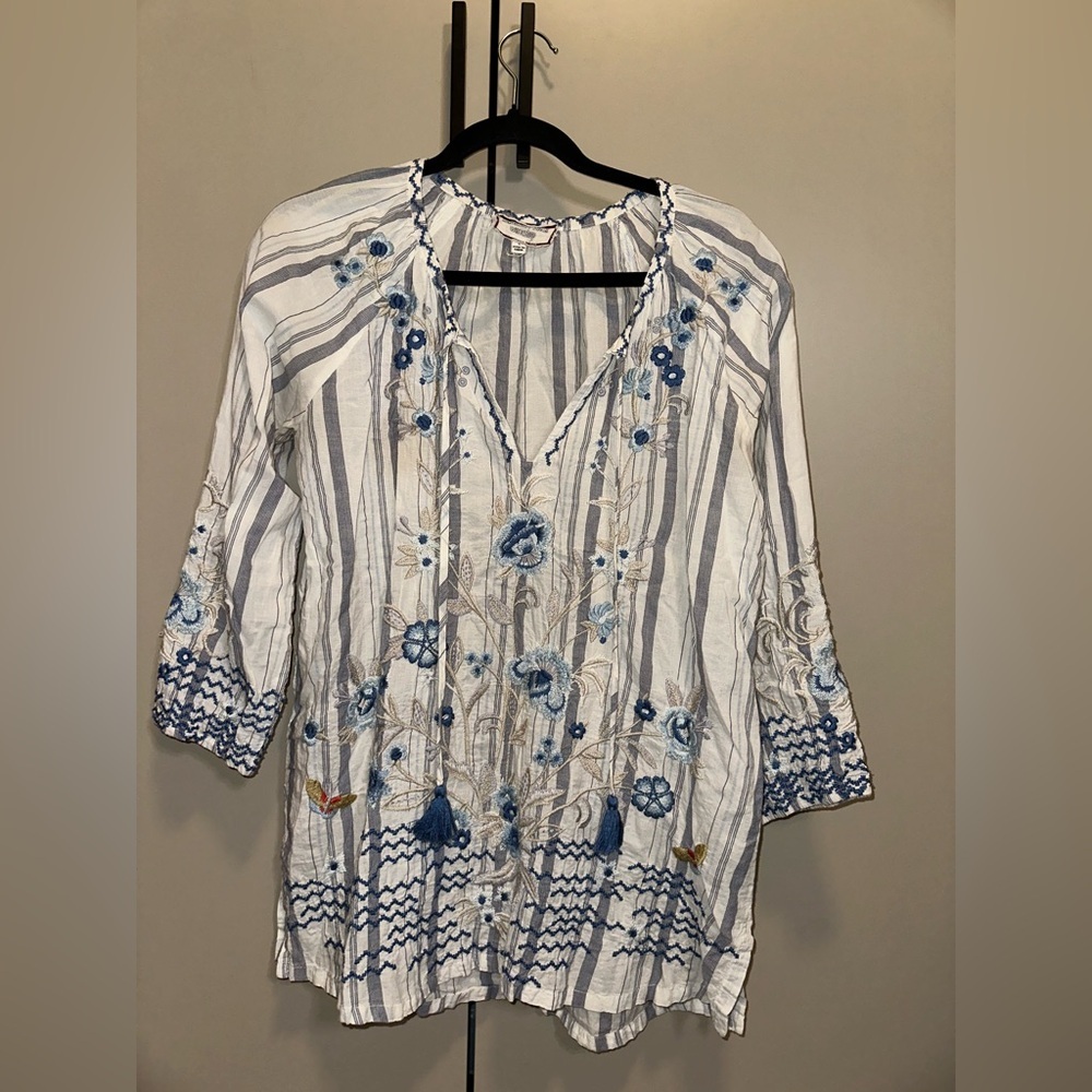 JOHNNY WAS Tunic V Neck Floral Stripe Shirt Size S
